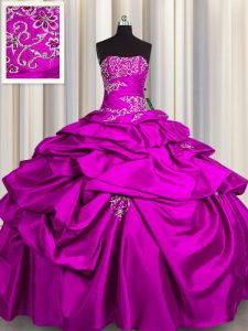 Fashion Fuchsia Strapless Lace Up Appliques and Pick Ups Quinceanera Dresses Sleeveless
