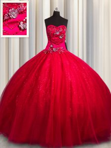 Free and Easy Sequined Floor Length Ball Gowns Sleeveless Red 15 Quinceanera Dress Lace Up