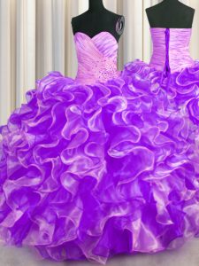 Floor Length Purple Sweet 16 Quinceanera Dress Organza Sleeveless Beading and Ruffles