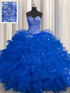 Admirable See Through Sleeveless Organza Floor Length Lace Up 15 Quinceanera Dress in Royal Blue with Beading and Ruffle