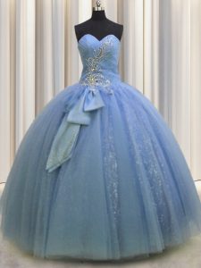 Tulle Sleeveless Floor Length Sweet 16 Quinceanera Dress and Beading and Sequins and Bowknot