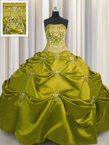 Colorful Sleeveless Floor Length Beading and Appliques and Embroidery Lace Up Sweet 16 Dress with Olive Green