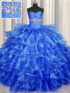 High End Royal Blue Sleeveless Floor Length Beading and Ruffled Layers Lace Up Sweet 16 Quinceanera Dress