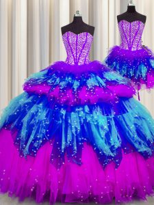 Three Piece Visible Boning Sleeveless Tulle Floor Length Lace Up Quinceanera Dresses in Multi-color with Beading and Ruf