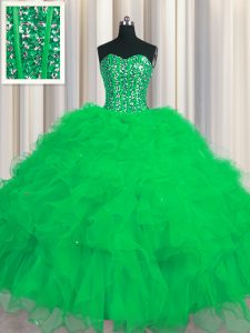 Visible Boning Green Ball Gowns Sweetheart Sleeveless Tulle Floor Length Lace Up Beading and Ruffles and Sequins Sweet 1