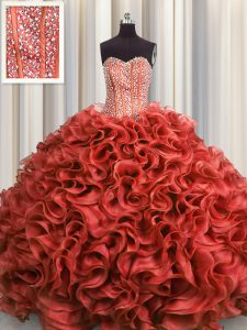Perfect Visible Boning Rust Red Organza Lace Up Sweetheart Sleeveless Floor Length Quinceanera Gowns Beading and Ruffles