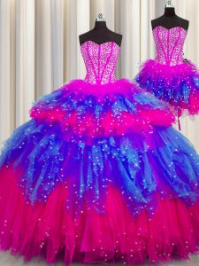 Super Three Piece Visible Boning Multi-color Ball Gowns Tulle Sweetheart Sleeveless Beading Floor Length Lace Up Quince 