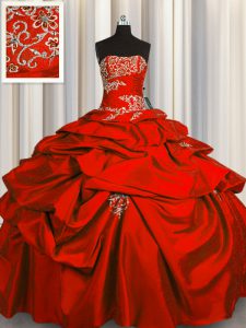 Floor Length Red Quince Ball Gowns Taffeta Sleeveless Appliques and Pick Ups