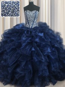 Nice Visible Boning Bling-bling Beading and Ruffles Sweet 16 Quinceanera Dress Navy Blue Lace Up Sleeveless With Brush T