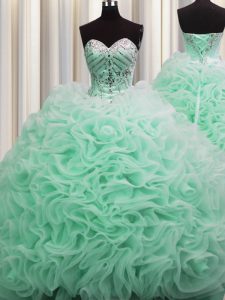 Exceptional Brush Train Floor Length Apple Green 15 Quinceanera Dress Fabric With Rolling Flowers Sleeveless Beading and