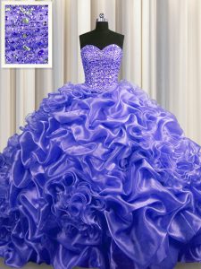 Court Train Purple Sleeveless With Train Beading and Pick Ups Lace Up Quinceanera Dress