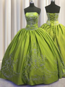 Custom Design Floor Length Olive Green 15th Birthday Dress Taffeta Sleeveless Beading and Embroidery