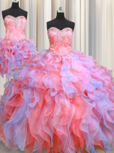 Beauteous Three Piece Organza Sleeveless Floor Length Ball Gown Prom Dress and Beading and Appliques and Ruffles