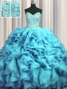 Hot Sale Visible Boning Bling-bling Aqua Blue Organza Lace Up Quinceanera Dress Sleeveless With Brush Train Beading and 