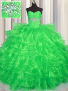 Green Ball Gowns Sweetheart Sleeveless Organza Floor Length Lace Up Beading and Ruffled Layers Quinceanera Dresses