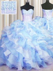 Wonderful Two Tone Visible Boning Sweetheart Sleeveless Quince Ball Gowns Floor Length Beading and Ruffles Blue And Whit