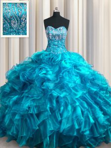 Chic With Train Teal Quinceanera Dresses Organza Brush Train Sleeveless Beading and Ruffles