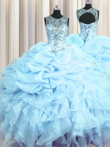 Custom Made Scoop See Through Light Blue Ball Gowns Beading and Ruffles and Pick Ups Sweet 16 Quinceanera Dress Lace Up 