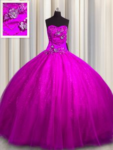 Sweetheart Sleeveless Lace Up Vestidos de Quinceanera Fuchsia Tulle and Sequined