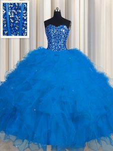 Visible Boning Blue Sleeveless Floor Length Beading and Ruffles and Sequins Lace Up Sweet 16 Quinceanera Dress