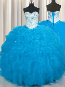 Baby Blue Ball Gowns Tulle Sweetheart Sleeveless Beading and Ruffles Floor Length Lace Up Sweet 16 Dress