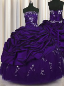 Beading and Embroidery and Pick Ups Quince Ball Gowns Purple Lace Up Sleeveless Floor Length