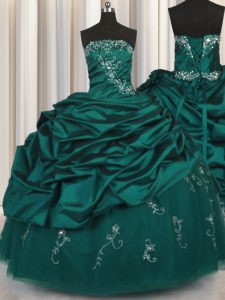 Designer Taffeta Sleeveless Floor Length Quinceanera Gown and Beading and Appliques and Embroidery and Pick Ups