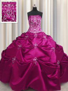 Vintage Fuchsia Ball Gowns Beading and Appliques and Embroidery 15th Birthday Dress Lace Up Taffeta Sleeveless Floor Len