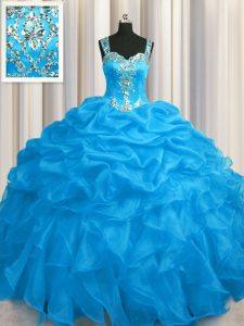 See Through Zipper Up Blue Straps Zipper Appliques and Ruffles 15th Birthday Dress Sleeveless