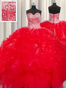 Colorful Visible Boning Beaded Bodice Red Sleeveless Beading and Ruffles Floor Length Quince Ball Gowns