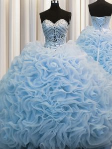 Fantastic Baby Blue Sleeveless Fabric With Rolling Flowers Brush Train Lace Up Sweet 16 Dresses for Military Ball and Sw