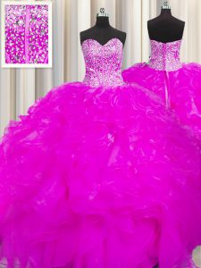 Customized Visible Boning Beaded Bodice Ball Gowns Sweet 16 Dress Fuchsia Sweetheart Organza Sleeveless Floor Length Lac