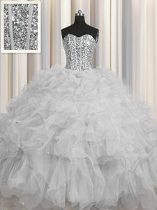 Edgy Visible Boning Grey Ball Gowns Tulle Sweetheart Sleeveless Beading and Ruffles and Sequins Floor Length Lace Up Qui