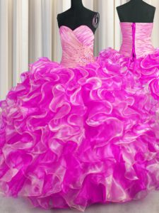 Custom Made Beading and Ruffles Quinceanera Gown Rose Pink Lace Up Sleeveless Floor Length