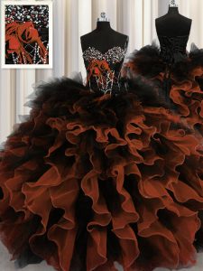 Superior Floor Length Red And Black Vestidos de Quinceanera Organza and Tulle Sleeveless Beading and Ruffles