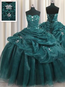 Custom Design Teal Lace Up Sweet 16 Dress Beading and Appliques and Ruffles Sleeveless Floor Length