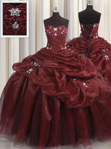 Flirting Burgundy Sleeveless Floor Length Beading and Appliques and Pick Ups Lace Up Quince Ball Gowns