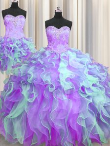 Wonderful Three Piece Multi-color Organza Lace Up Sweetheart Sleeveless Floor Length Quinceanera Dresses Beading and App