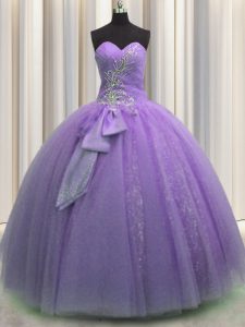Spectacular Sleeveless Floor Length Beading and Sequins and Bowknot Lace Up Sweet 16 Quinceanera Dress with Lavender