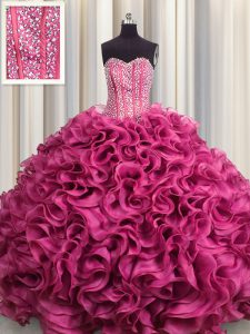 Edgy Visible Boning Hot Pink Sleeveless Floor Length Beading and Ruffles Lace Up 15 Quinceanera Dress