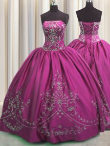 Embroidery Fuchsia Sleeveless Taffeta Lace Up Quince Ball Gowns for Military Ball and Sweet 16 and Quinceanera