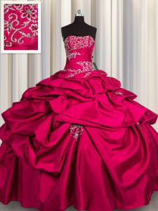 Inexpensive Hot Pink Ball Gowns Appliques and Pick Ups 15 Quinceanera Dress Lace Up Taffeta Sleeveless Floor Length