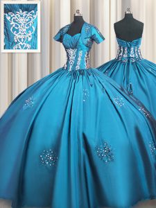 Flare Teal Lace Up Quinceanera Gown Beading and Appliques and Ruching Short Sleeves Floor Length