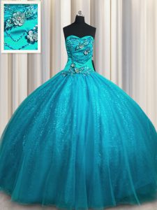 Pretty Tulle and Sequined Sleeveless Floor Length Quinceanera Gowns and Beading and Appliques