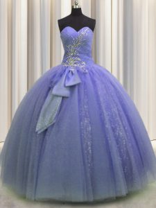 Tulle Sleeveless Floor Length Quinceanera Gown and Beading and Sequins and Bowknot