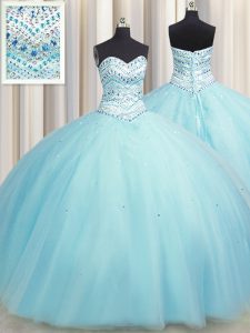Bling-bling Big Puffy Aqua Blue Ball Gowns Tulle Sweetheart Sleeveless Beading Floor Length Lace Up Ball Gown Prom Dress