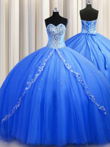Free and Easy Beading Ball Gown Prom Dress Blue Lace Up Sleeveless Brush Train