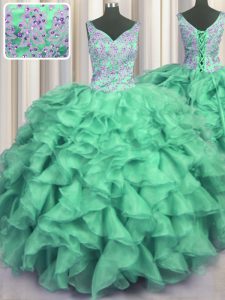 Floor Length Turquoise 15th Birthday Dress V-neck Sleeveless Lace Up