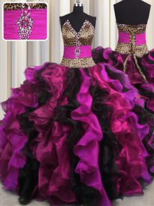 Comfortable Leopard V-neck Sleeveless Organza Quinceanera Dresses Beading and Ruffles Lace Up