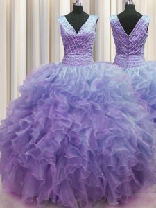 V Neck Zipper Up Floor Length Ball Gowns Sleeveless Lavender 15 Quinceanera Dress Zipper